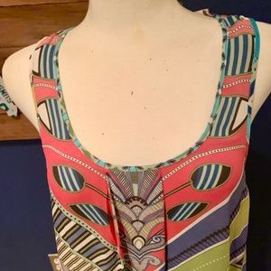 Da-Nang Silk Dress Geometric Design Multi-Color Women Large EUC